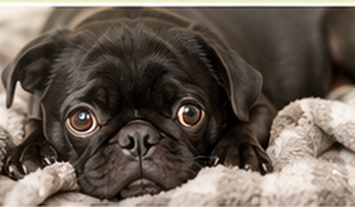 Black pug resting comfortably on a soft blanket